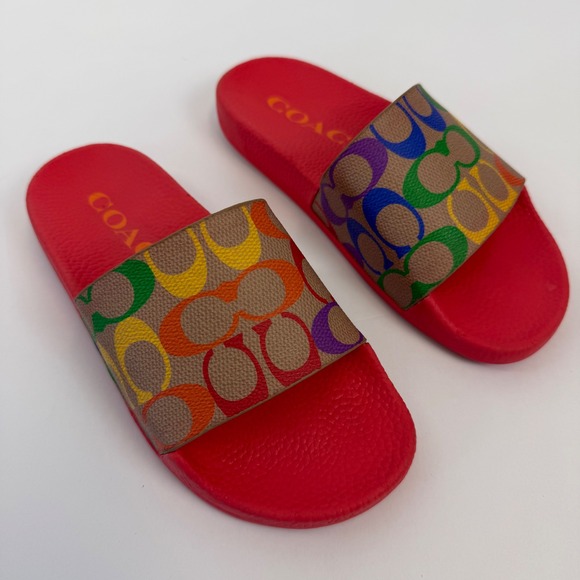 Coach Shoes - Coach Udele Sport Slides Rainbow Pride Signature Monogram Red Sandals Womens 5B